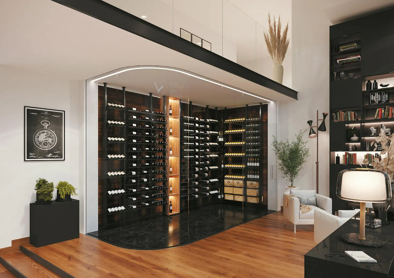 Une cave à vin EuroCave aux parois vitrées intégrée dans un espace de vie moderne et lumineux, ses clayettes éclairées remplies de bouteilles.