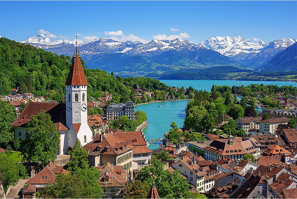 An aerial scene of Thun City and lake in the Swiss Alps