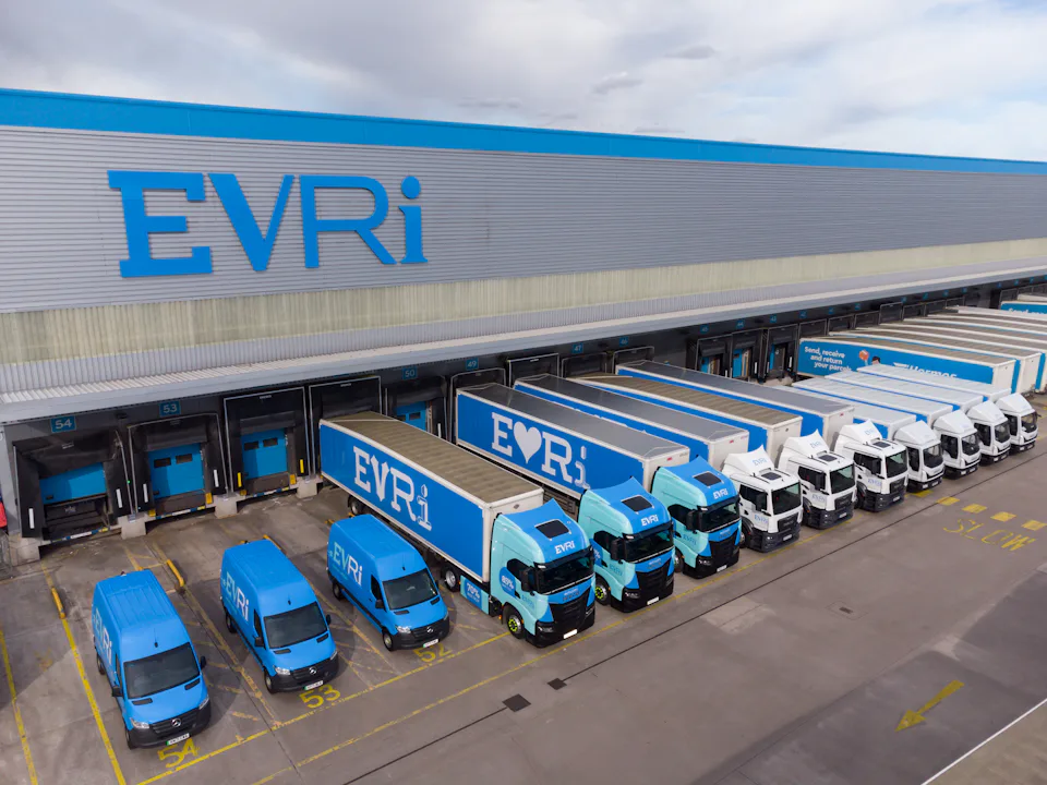 Wide angle drone photograph of Evri branded vehicles at Evri's Warrington Hub