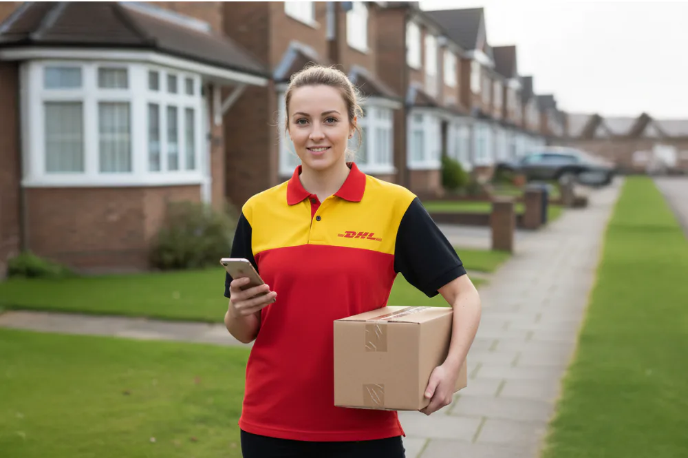 dhl worker holding parcel and phone