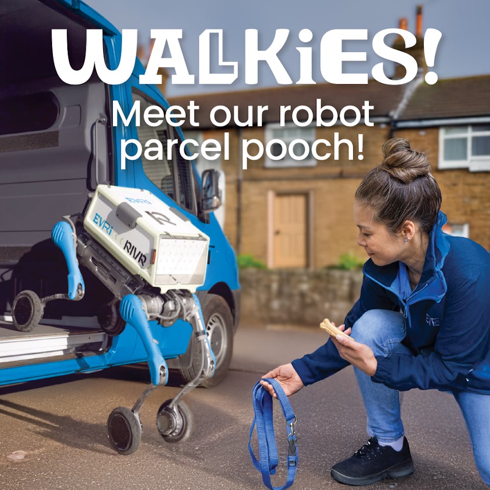 A robot dog stepping out of a blue Evri branded van to a female courier with a dog harness and biscuit