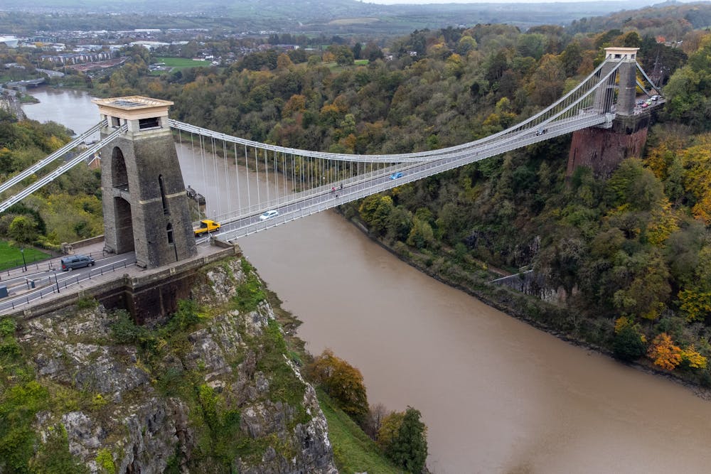 Skyline view of Bristol city, overlooking Clifton suspension bridge