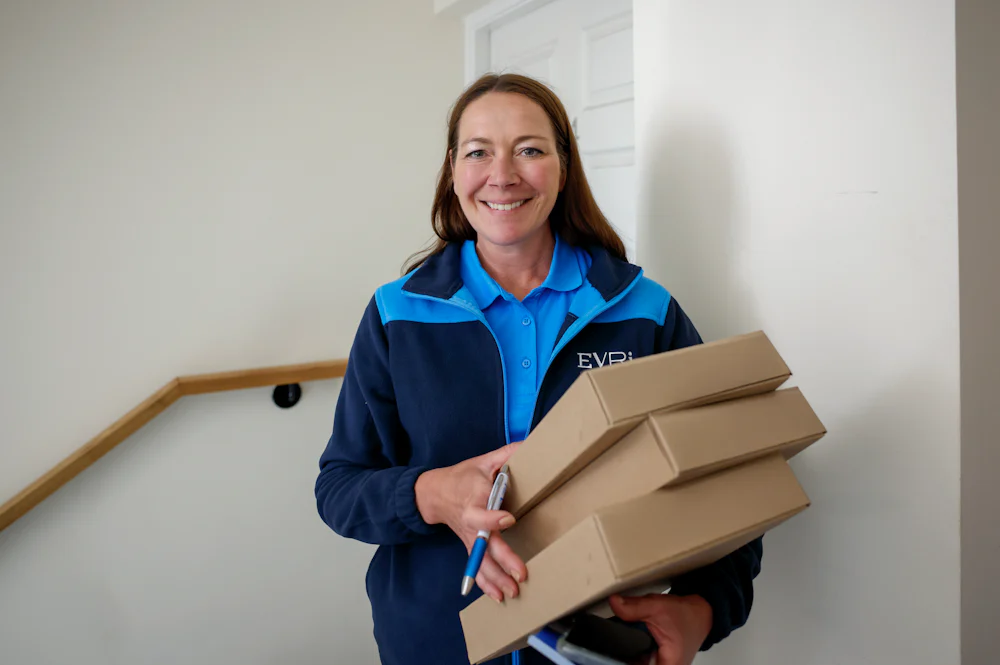 An Evri Courier is smiling posing towards the camera with three parcels in their grasp.