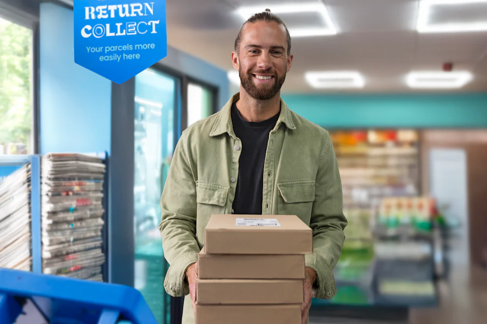 Customer carrying multiple parcels inside a ParcelShop store, ready to drop off for delivery