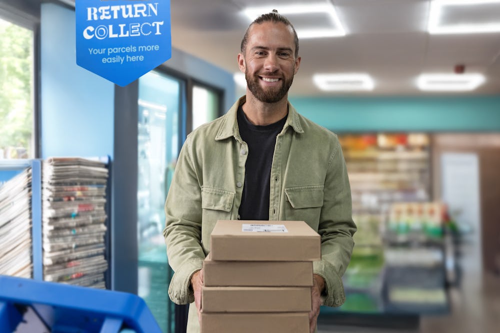 Customer carrying multiple parcels inside a ParcelShop store, ready to drop off for delivery