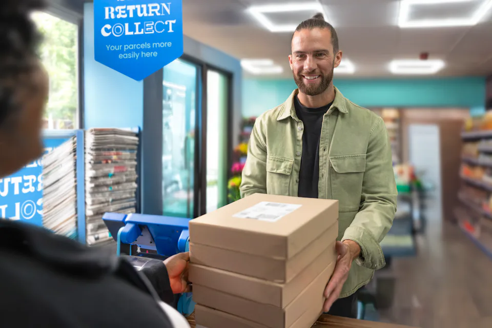 Customer inside a ParcelShop store, handing multiple parcels to store assistant, ready to be collected by Evri