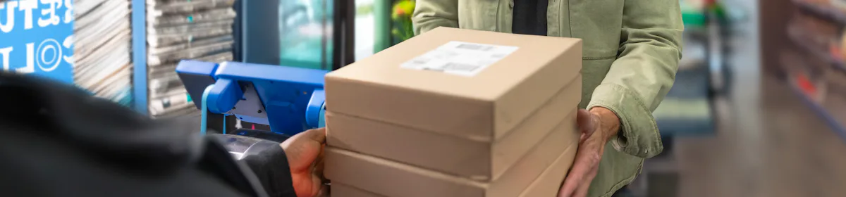 Customer inside a ParcelShop store, handing multiple parcels to store assistant, ready to be collected by Evri