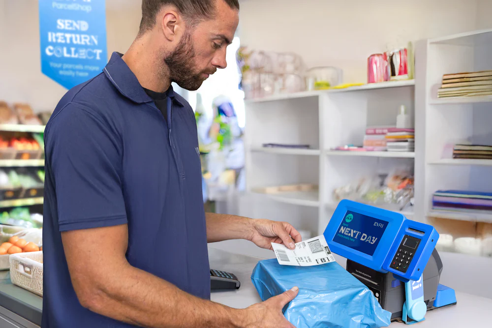 Customer in a ParcelShop store stood next to a Print in Store device, applying a label to their parcel.