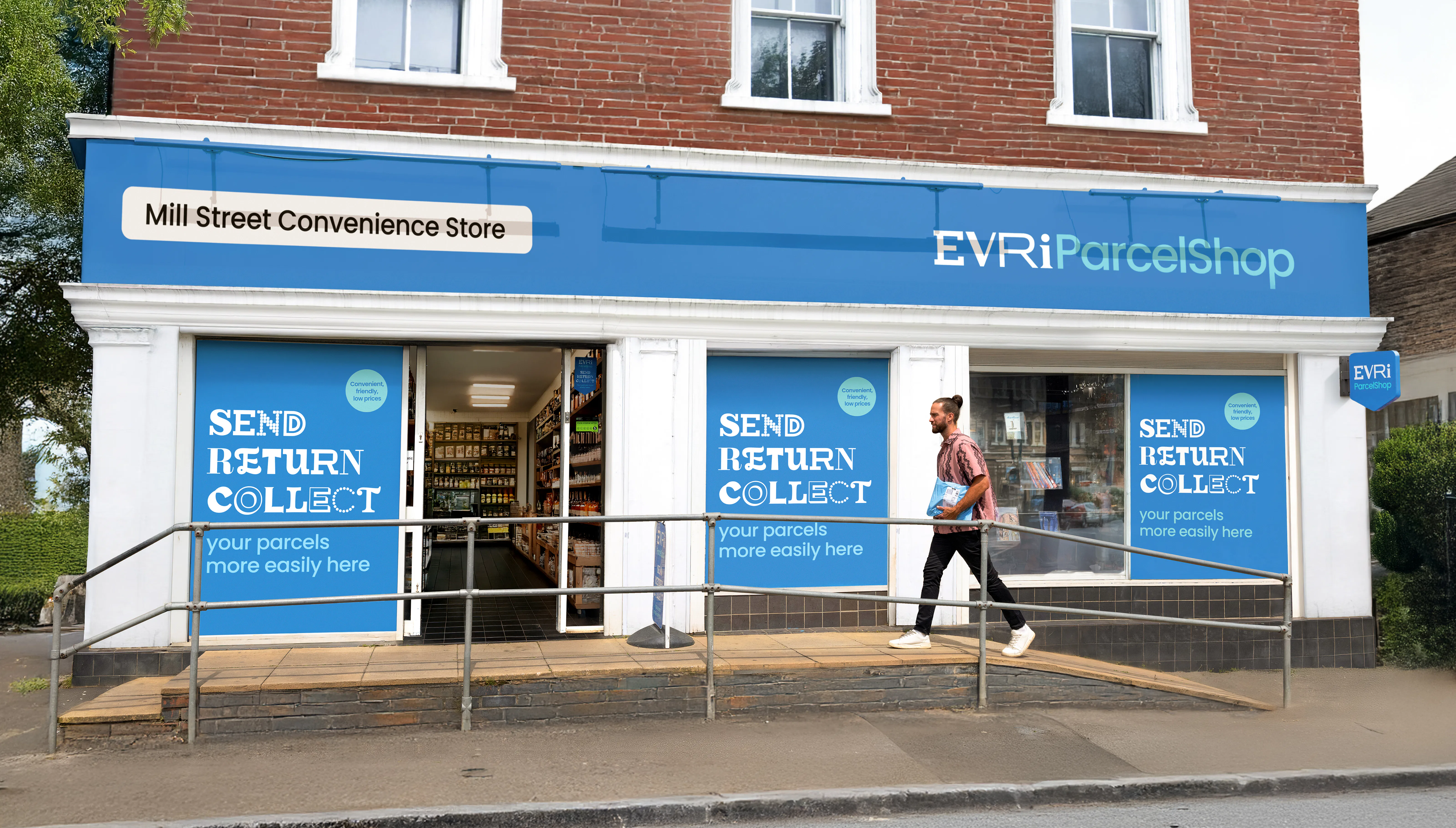 An Evri ParcelShop is in full view with its blue signage and a customer is walking up the accesssbility ramp and holding a parcel.