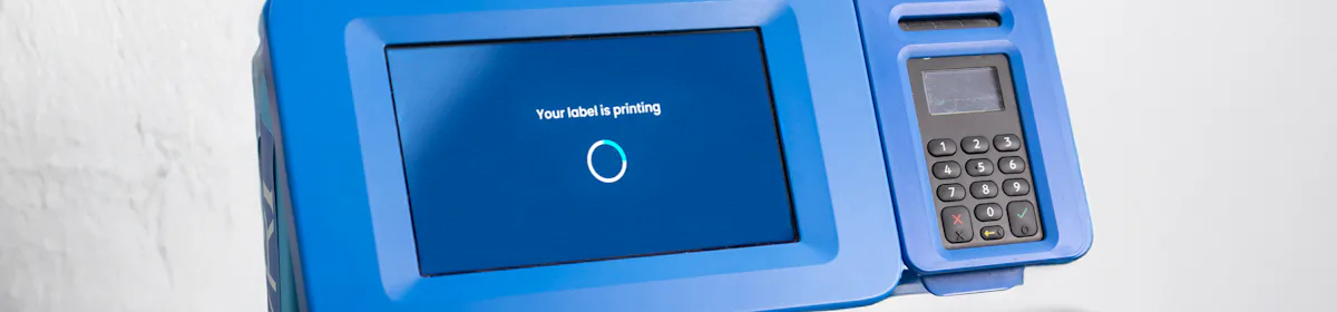 A close-up of a ParcelShop Print in Store device printing a label. A hand is holding the label, ready to tear off and apply to the parcel.