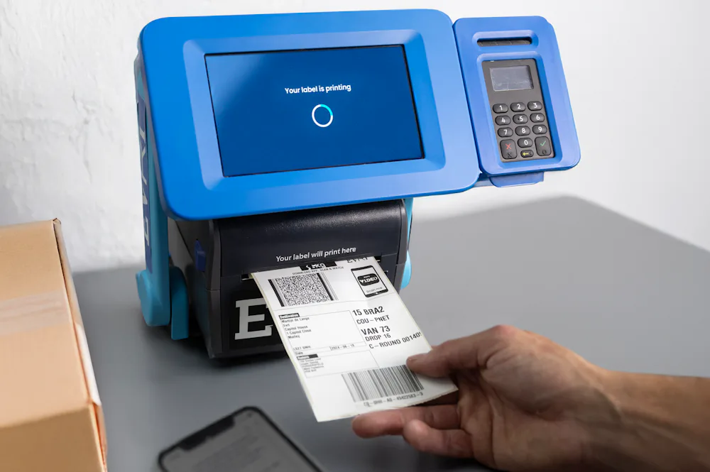 A close-up of a ParcelShop Print in Store device printing a label. A hand is holding the label, ready to tear off and apply to the parcel.