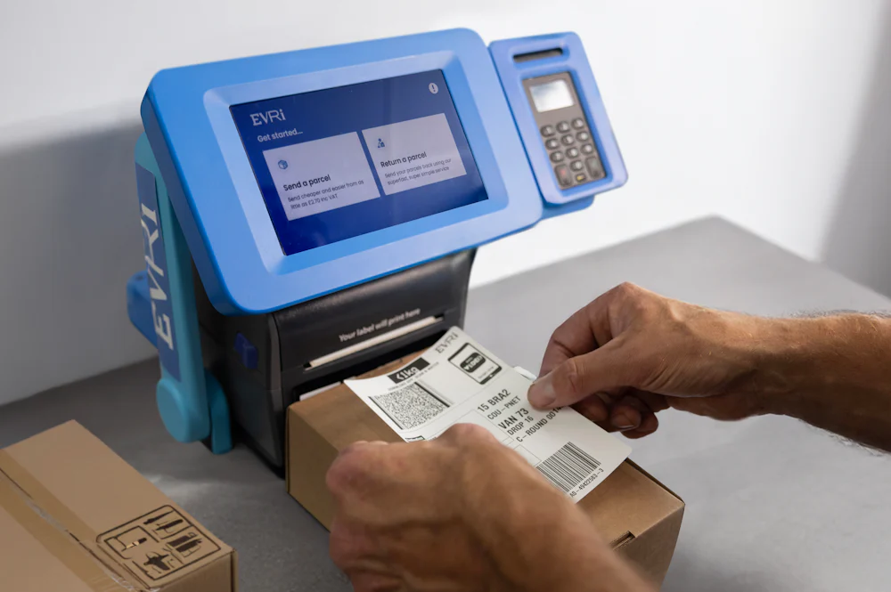 A close-up of a customer applying a label to their parcel. A ParcelShop Print in Store device is in view behind the parcel.