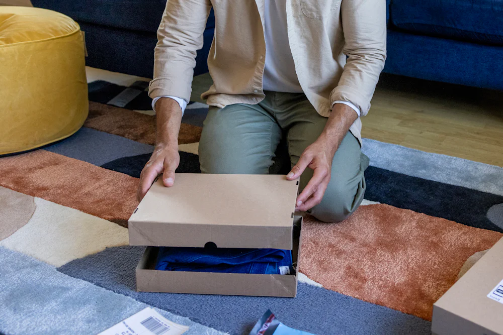A customer is crouched on the floor of their apartment, holding items the lid of a box, ready to seal their parcel in front of them.