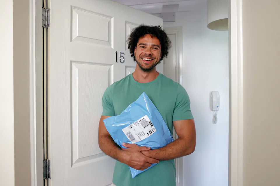 A customer is standing in the doorway of their home, holding their parcels and smiling for the camera.