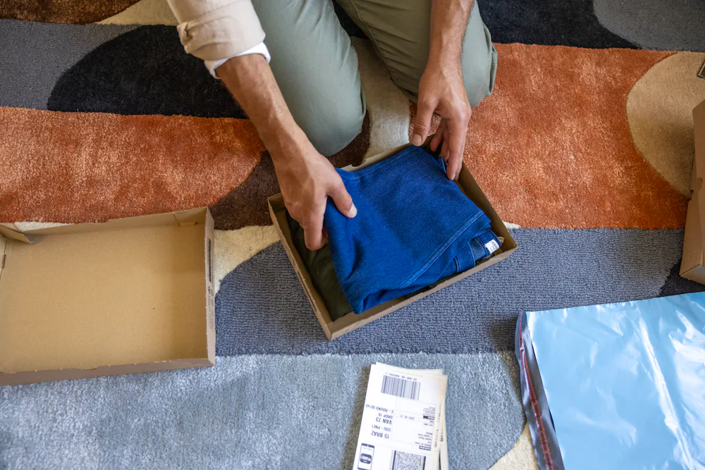 A close-up of a customer's hands as they are crouched on the floor, placing folded items a cardboard box.