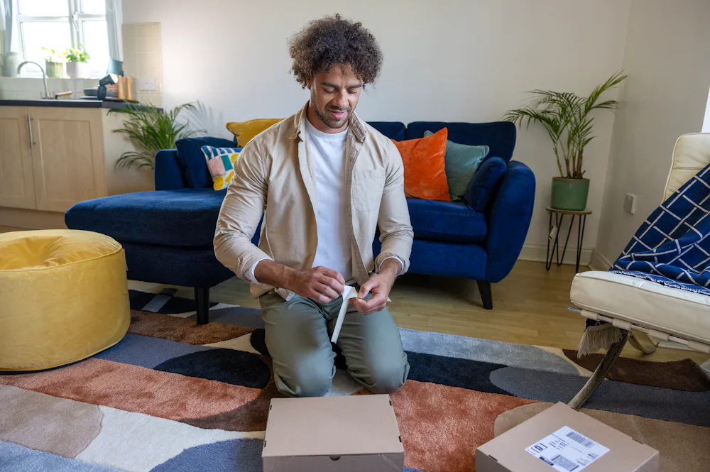 A customer is crouched on the floor of their apartment, unpealing their label, ready to apply to the parcel in front of them.