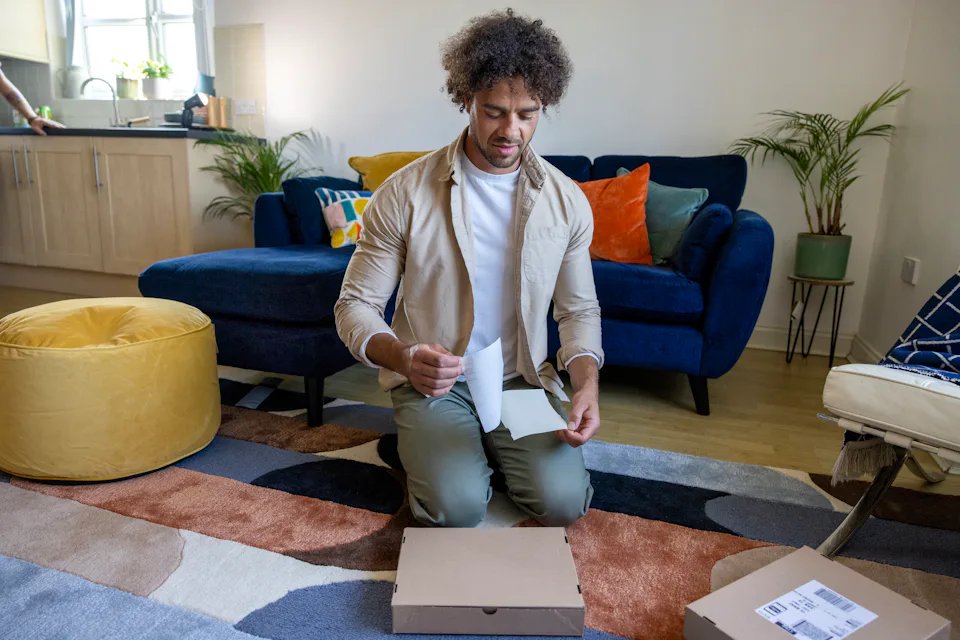 A customer is crouched on the floor of their apartment, unpealing their label, ready to apply to the parcel in front of them.