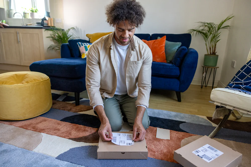 A customer is crouched on the floor of their apartment, placing their label on the parcel in front of them.