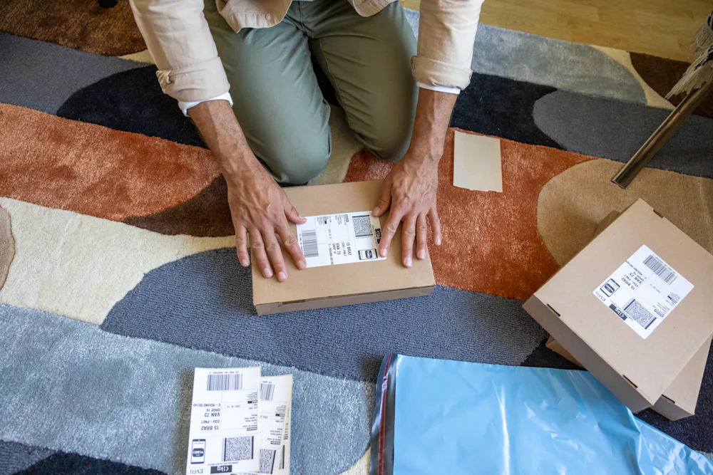 A close-up of a customer's hands as they are crouched on the floor, applying a label to their parcel. They are surrounded by lots of parcels.