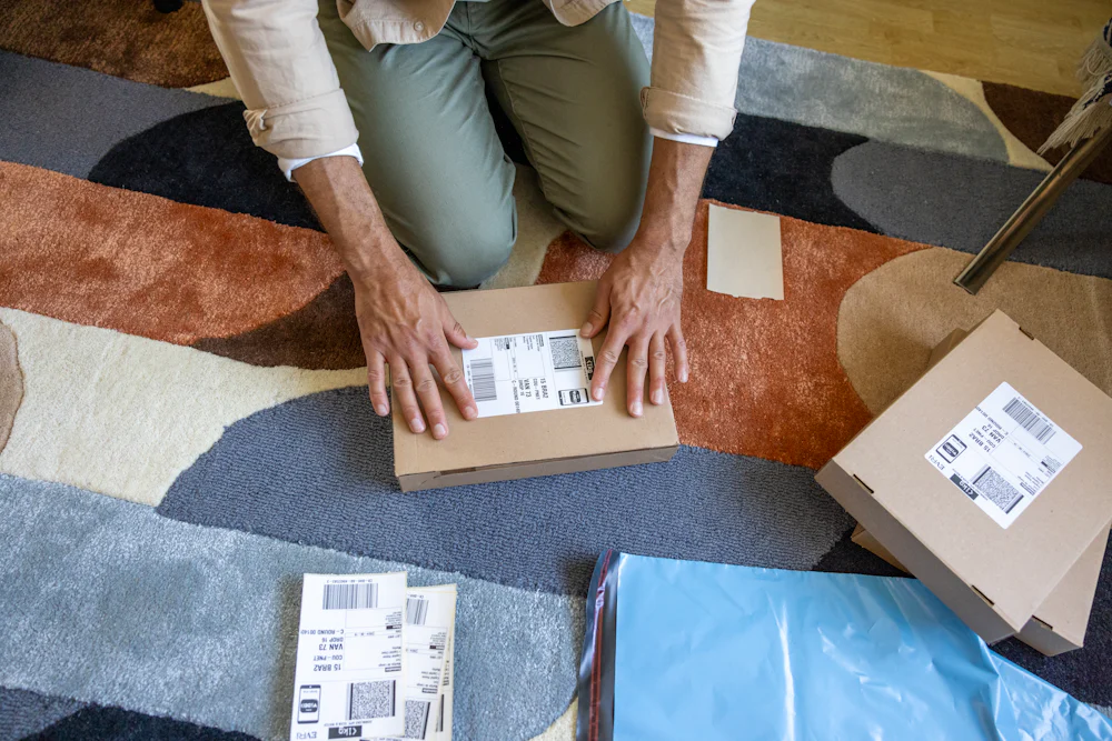 A close-up of a customer's hands as they are crouched on the floor, applying a label to their parcel. They are surrounded by lots of parcels.
