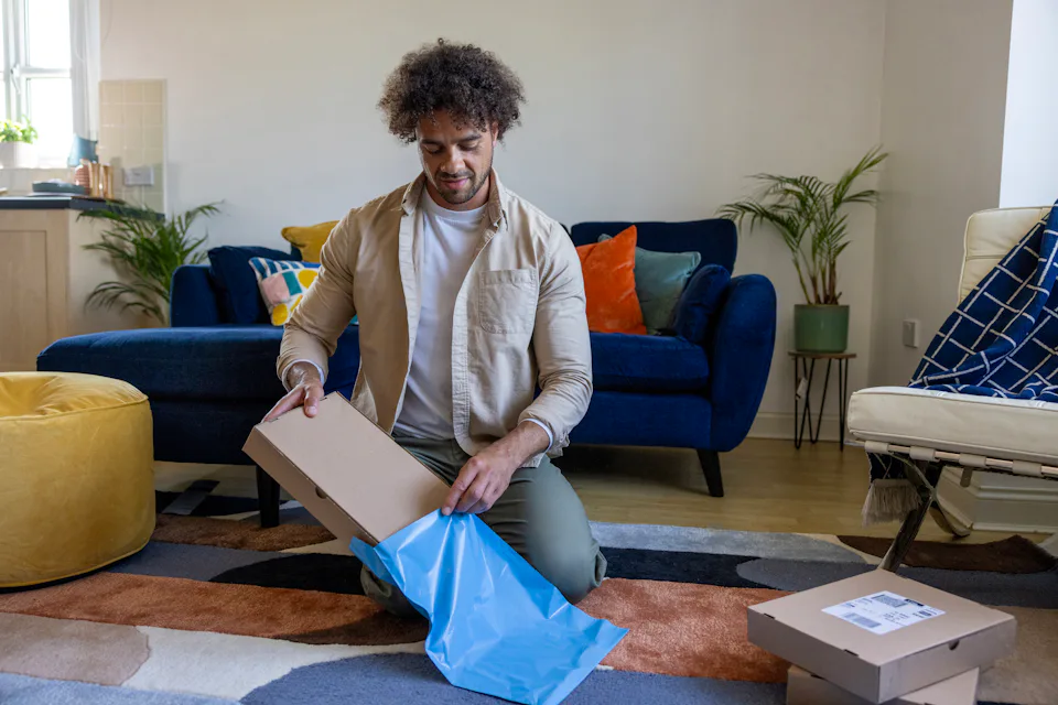 A customer is crouched on the floor of their apartment, placing a cardboard parcel inside waterproof packaging.