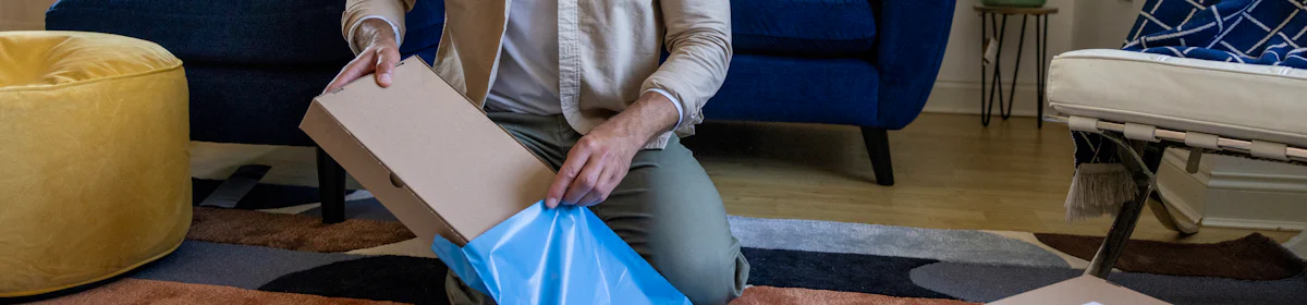 A customer is crouched on the floor of their apartment, placing a cardboard parcel inside waterproof packaging.