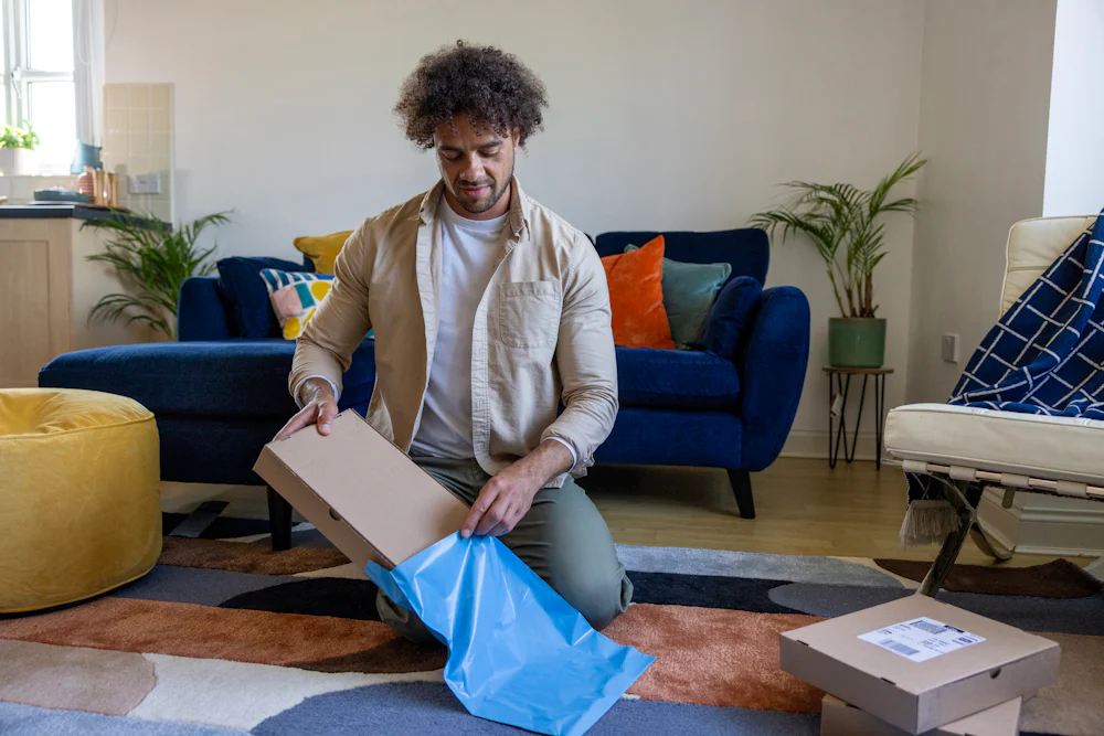 A customer is crouched on the floor of their apartment, placing a cardboard parcel inside waterproof packaging.