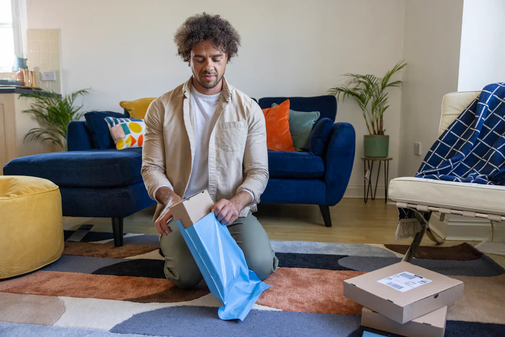A customer is crouched on the floor of their apartment, placing a cardboard parcel inside waterproof packaging.