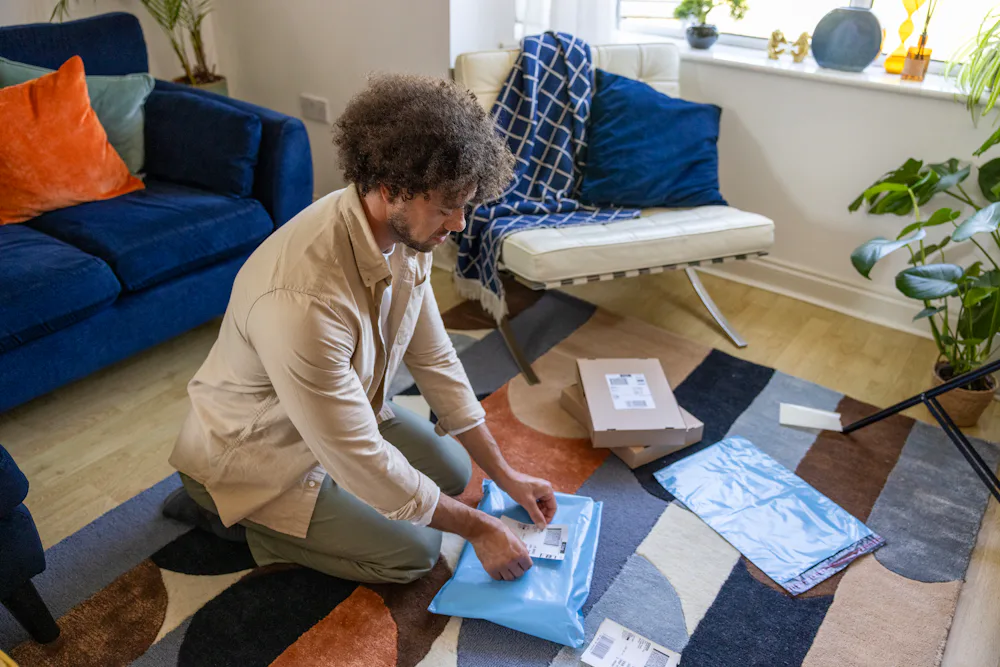 A customer crouched on the floor, applying a label to their parcel. They are surrounded by lots of parcels.
