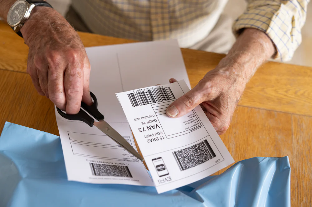 An older man is cutting out a label. Only his hands are visible.