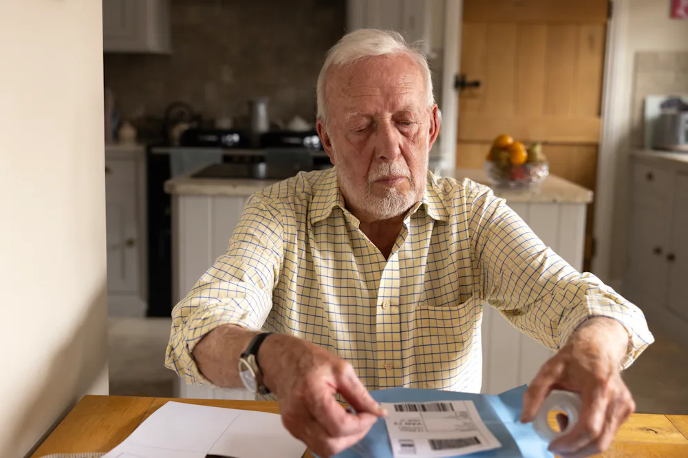 An older man is wrapping a parcel. He is applying the label with tape.