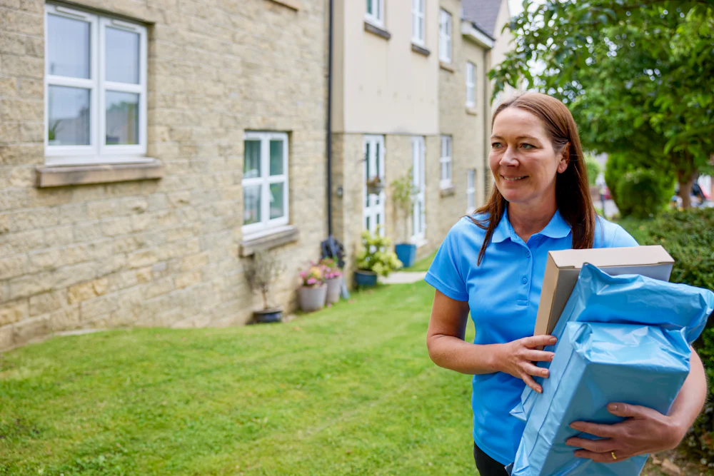 An Evri Courier carrying multiple parcels to their destination in a residential area