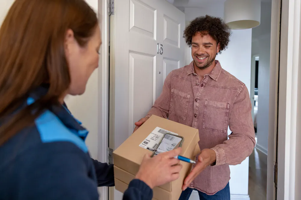 An Evri Courier scanning multiple parcels for a doorstep collection in a block of flats.