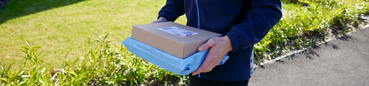 An Evri Courier walking down the street in a residential area carrying two parcels