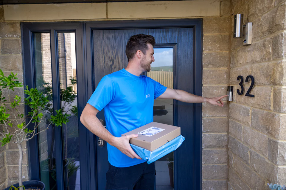 An Evri Courier using a ring doorbell to notify a customer that they have arrived with their parcels.