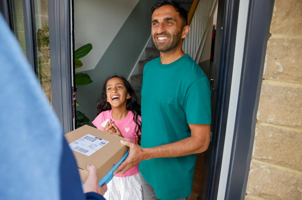 An Evri Courier is handing two parcels to a father and child on their doorstep. They are laughing as if a joke or anecdote was exchanged.