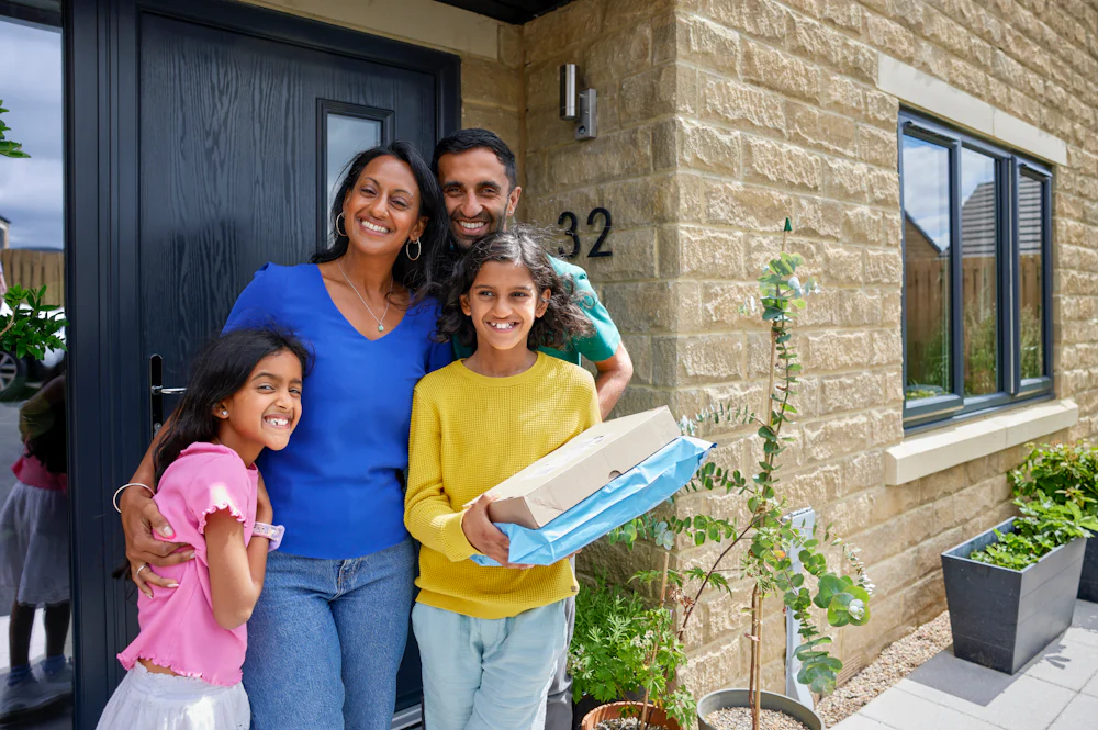 A family of four pose smiling in front of their front door holding two parcels. The family consists of a father, mother and two daughters.