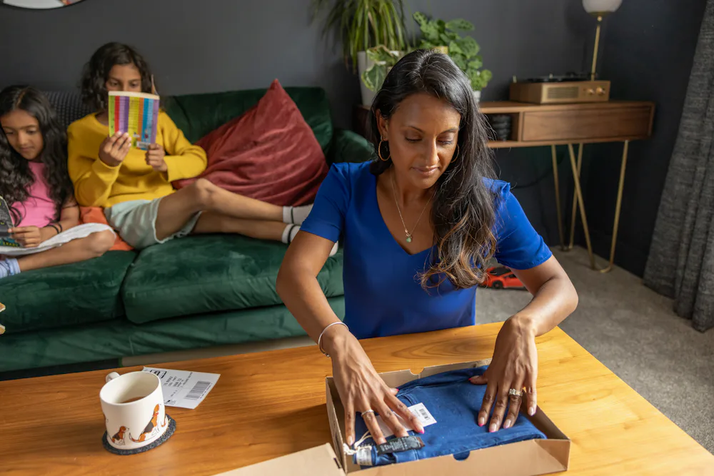A mother is placing a pair of jeans into a parcel box with the shipping label sat beside ready to attach. Her to children are reading a book on the sofa behind her.