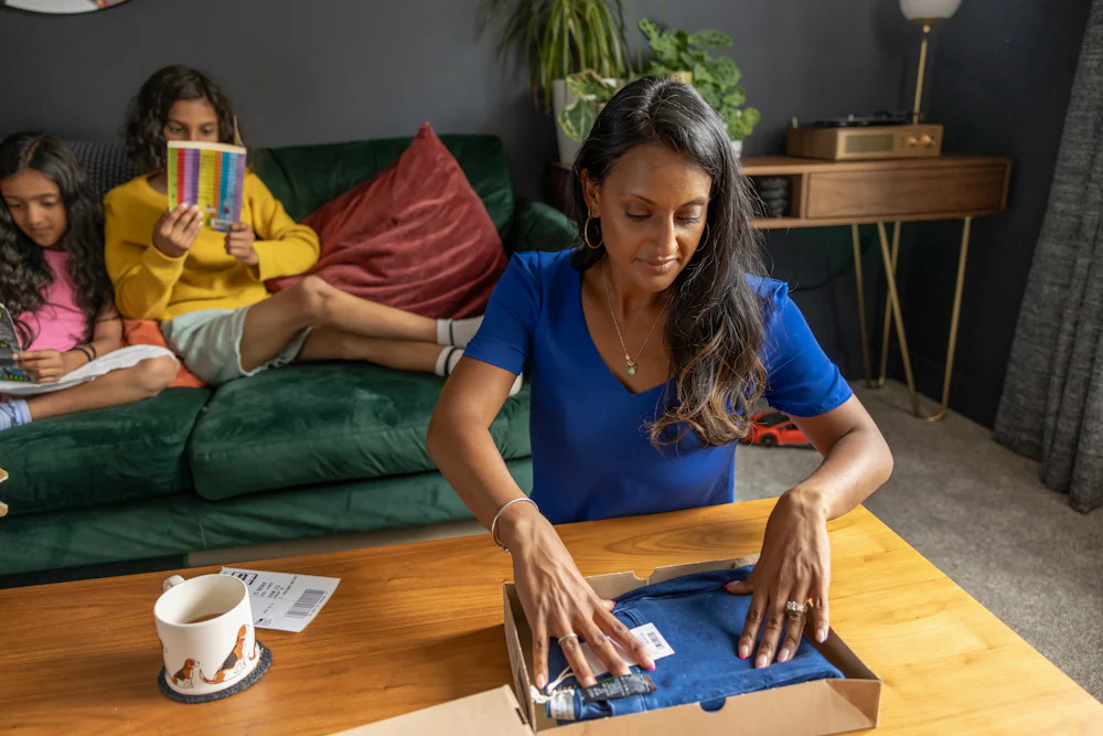 A mother is placing a pair of jeans into a parcel box with the shipping label sat beside ready to attach. Her to children are reading a book on the sofa behind her.