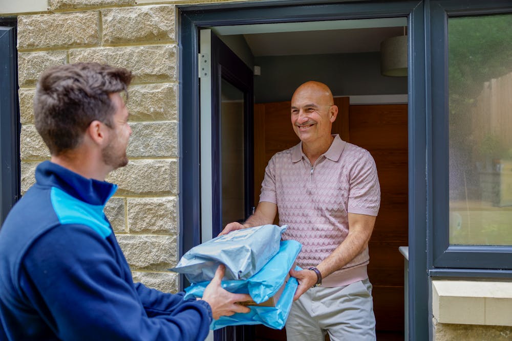 An Evri courier is delivering three parcels to a man at his doorstep. He looks pleased to be recieving them