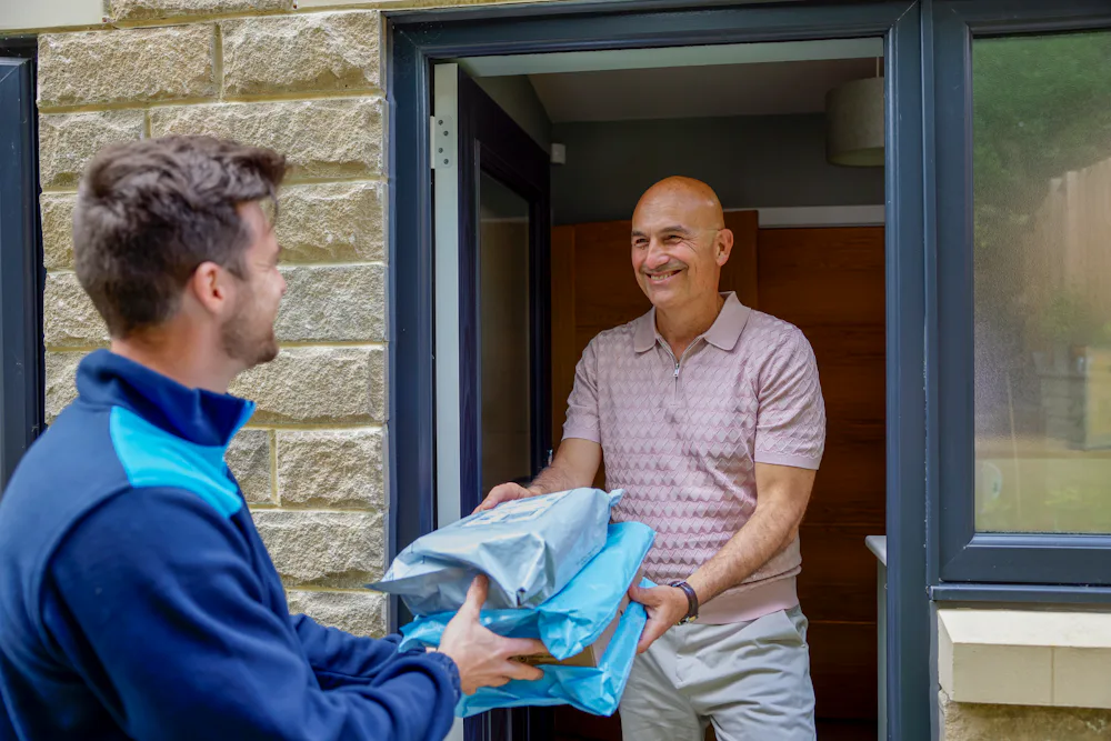 An Evri courier is delivering three parcels to a man at his doorstep. He looks pleased to be recieving them
