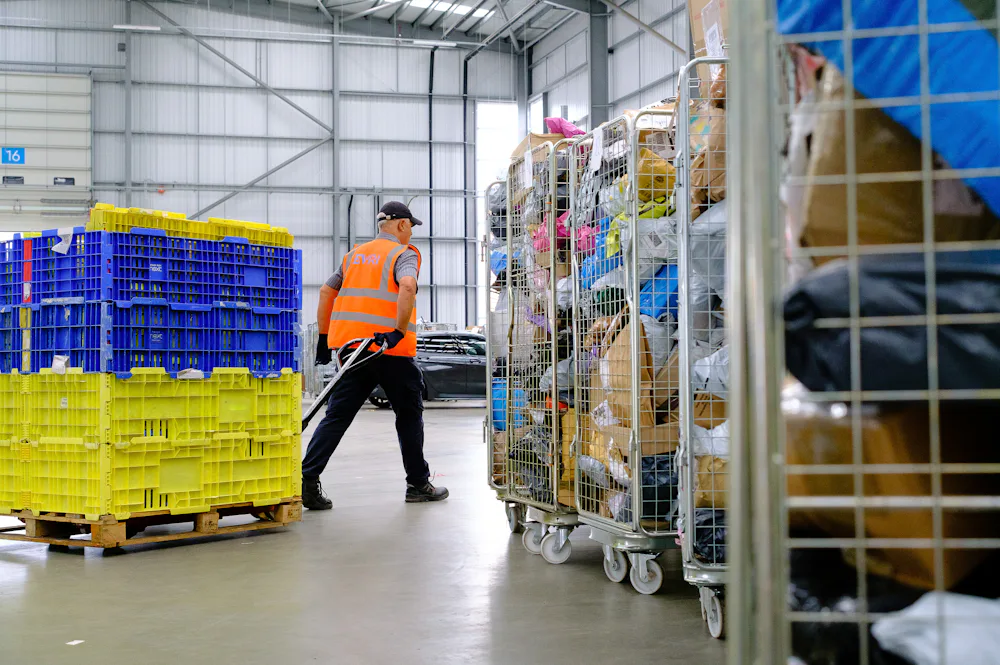 An Evri warehouse employee wearing high vis is transporting a pallet carrying a crate of parcels. He is walking in the background with cages full of parcels in the foreground.