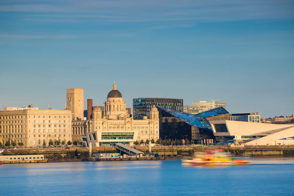 Liverpool quayside in the daytime as shot from out in the estuary