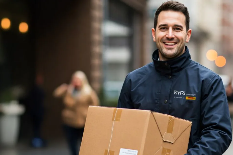 A picture of a courier holding a box. He is wearing an Evri Premium DHL branded uniform.