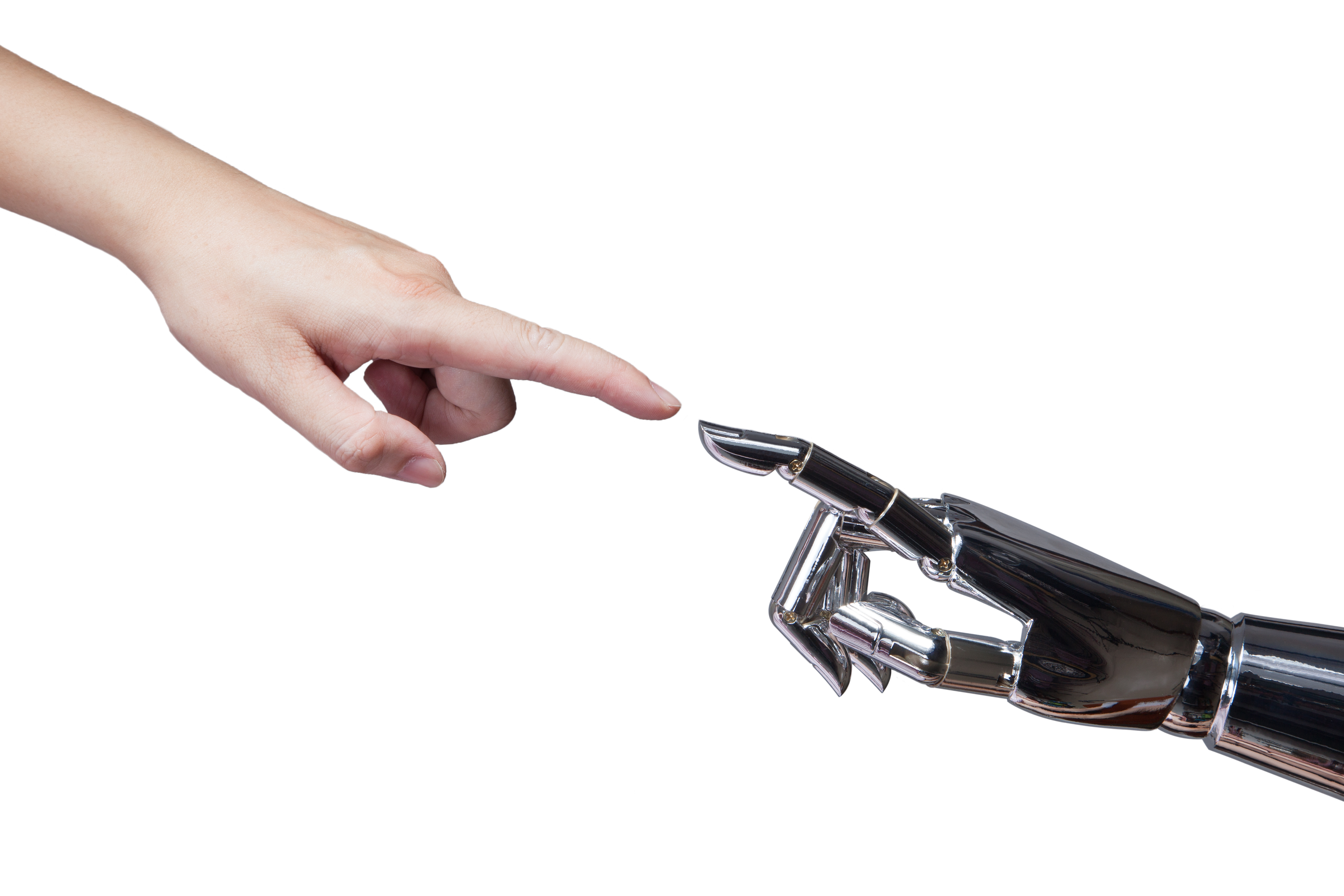 A human and robot index finger are shown to meet in the middle of the photo