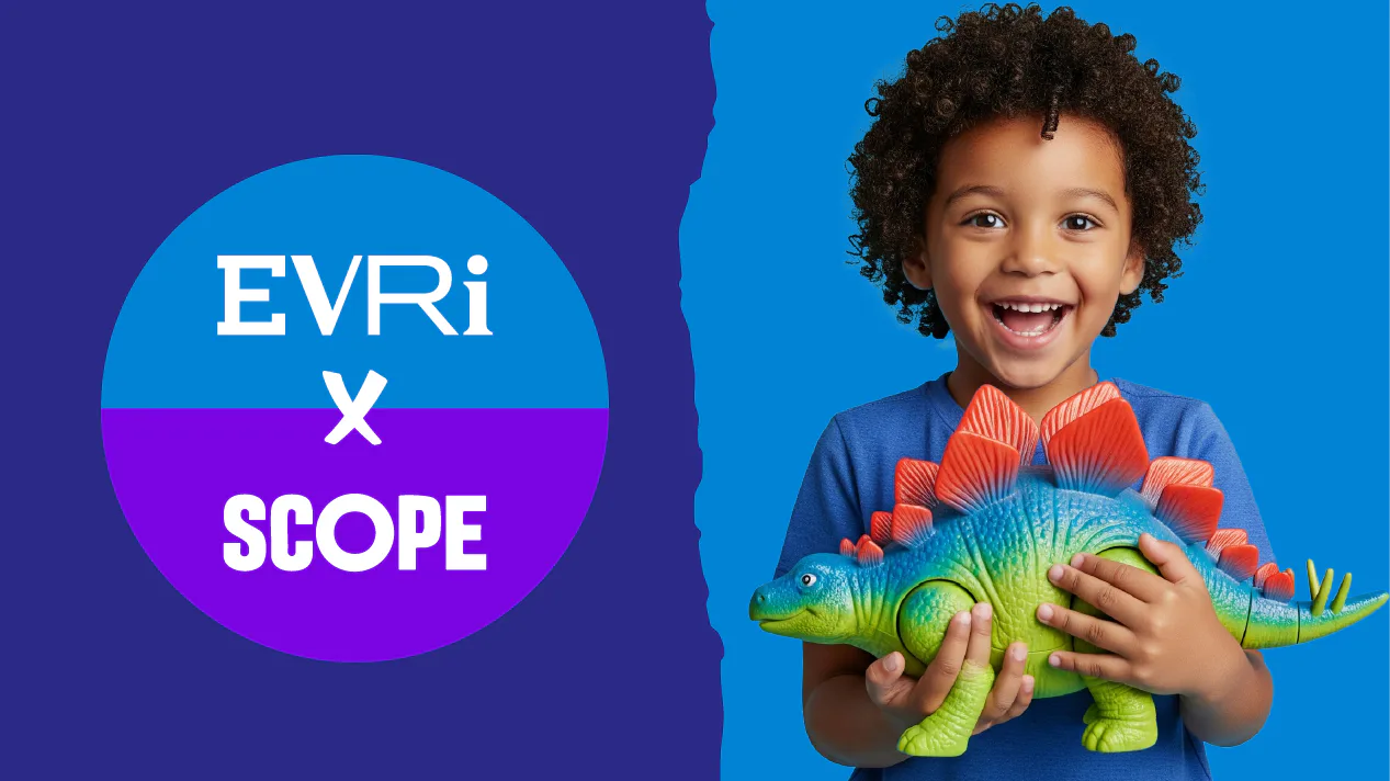 Evri and Scope logos in a circle, next to a smiling child holding a dinosaur toy