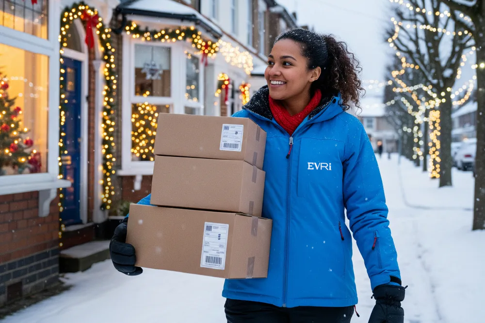 A courier is wrapped up wearing a blue Evri coat, smiling as they pass a street of houses decorated with Christmas lights. They are walking through the snow with parcels.