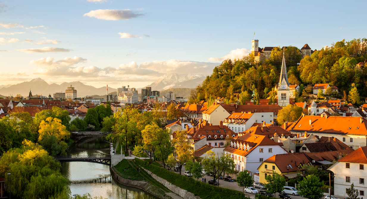 A landscape view of a red-roofed town in Slovenia by a river and peppered with green trees.