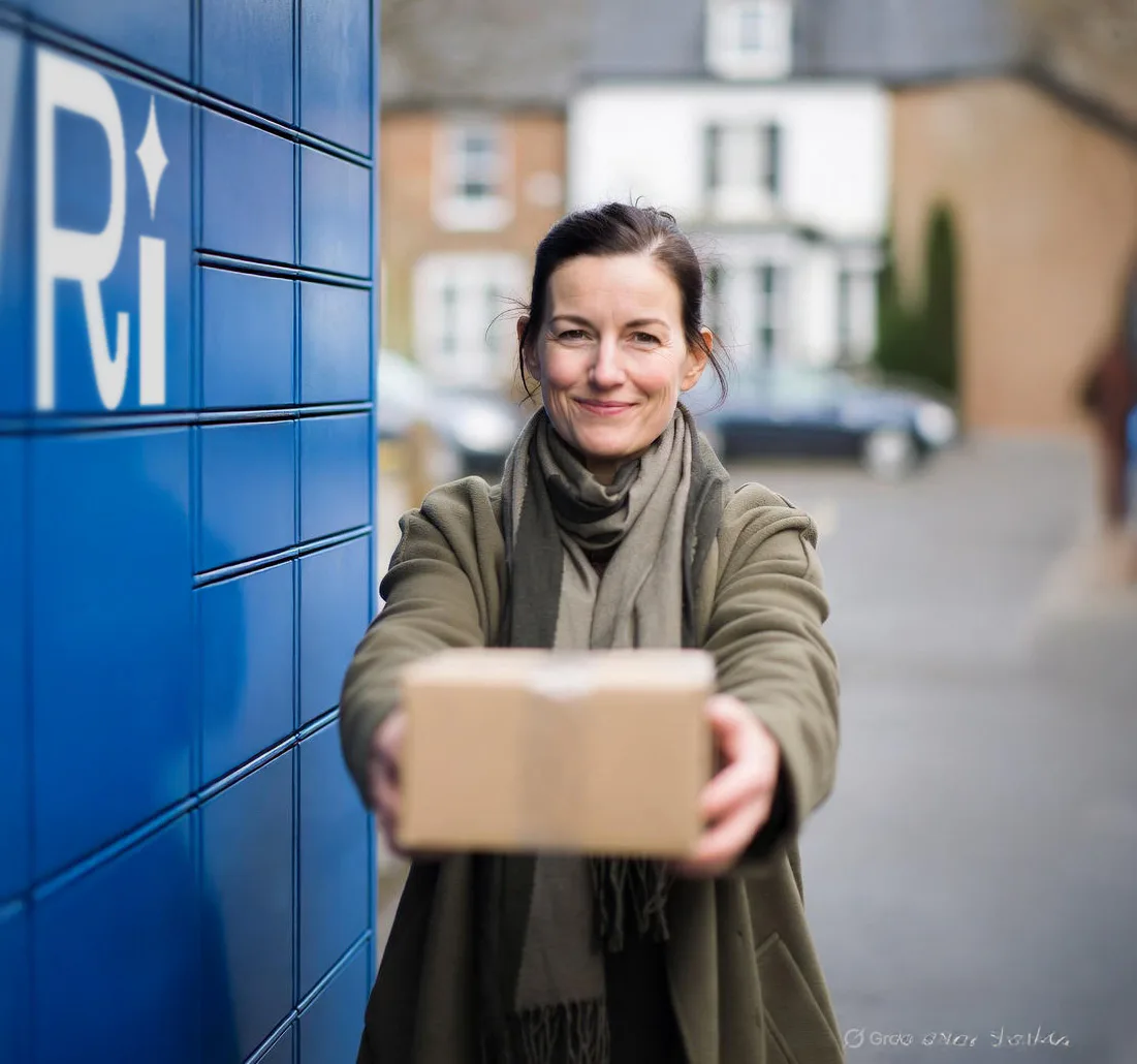 A lady stood infront of an Evri parcel locker holding a parcel. 