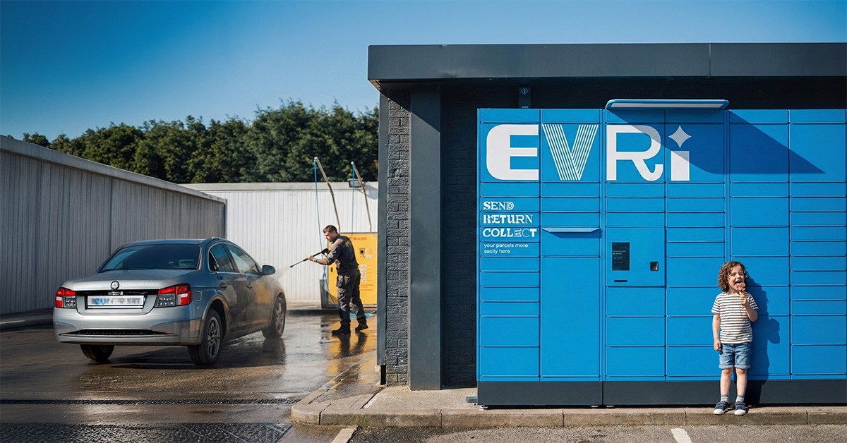 A bright blue EvrRi parcel locker stands beside a self-service car wash, where a person is washing a silver car. A child holding an ice cream stands smiling next to the locker in the sunlight.